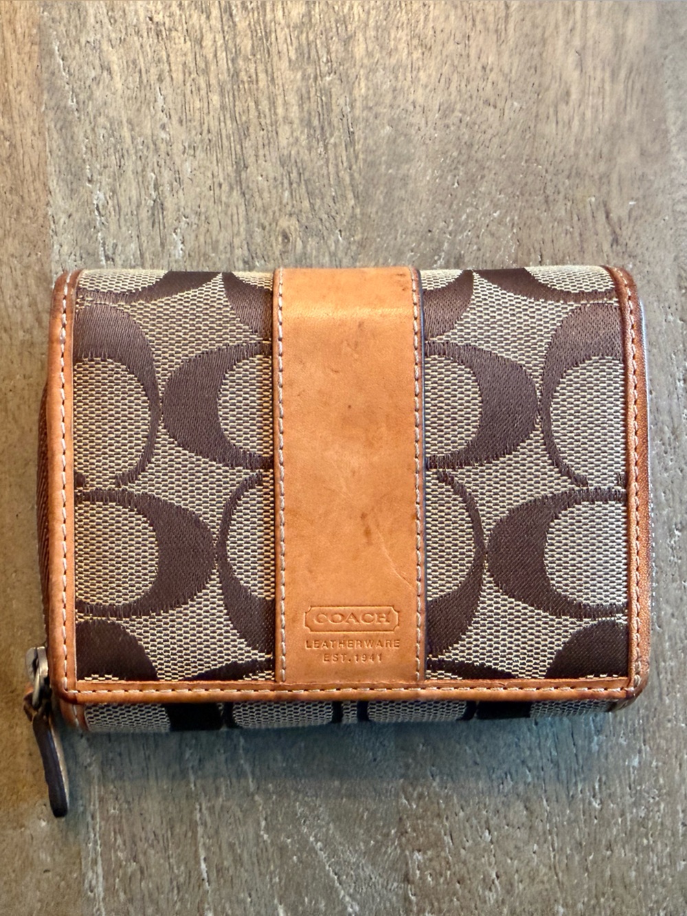 Coach Signature Canvas Compact Wallet in Brown and Tan Leather